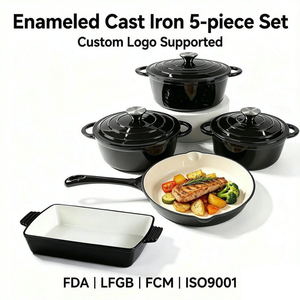 Gusseisen-Kochgeschirr-Set 5-teilig Ofenfestes Kochgeschirr Suppen- & Brühtöpfe Bratpfannen Töpfe und Pfannen Induktions- und Gasherd-Kochtopf-Set - Product Image 1