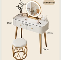 Table de toilette moderne avec plateau en marbre, double tiroirs et miroir LED rond pour chambre à coucher, dortoir, chambre d'amis