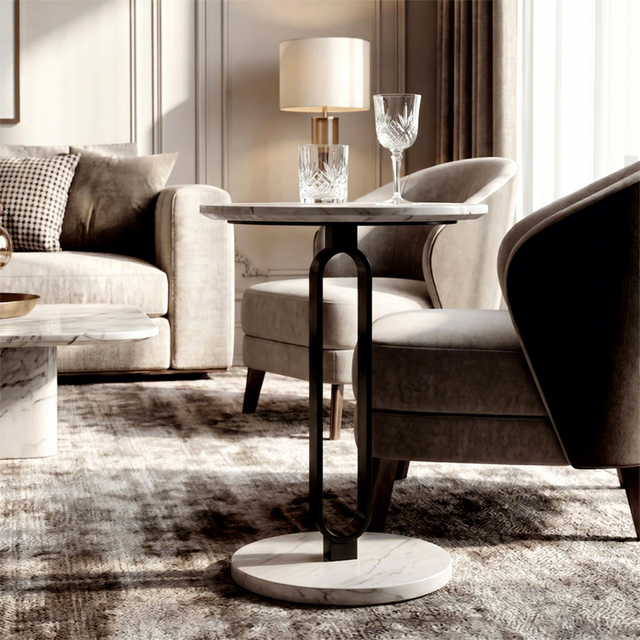 Excellent Quality Modern White Marble Round Matte Black U-Shape Metal Frame Minimalist Sofa Side Table