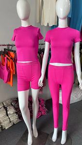 Siap kirim produk hot pink ribbed O-neck lengan pendek t-shirt dan legging 2 buah pakaian lounge set pakaian wanita - Product Image 3