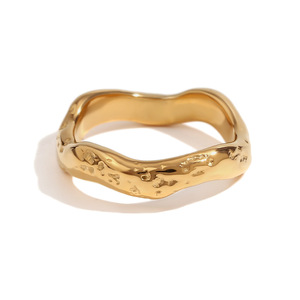 2026 Artistic Irregular Hammered Wavy Surface Stainless Steel 18K Gold Plated Minimalist Unisex Stackable <b>Finger</b> <b>Ring</b> - Product Image 1