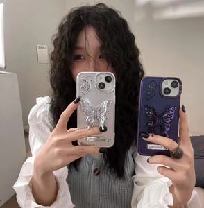 Buena calidad púrpura Glisten mariposa caja del teléfono celular con soporte Pretty Girly plata cubierta del teléfono móvil para Iphone 15 14 13 12 - Product Image 6