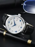 Montre homme automatique LONGLUX, montres mécaniques en gros, simples, polyvalentes, avec date, étanches, mode, bracelet en cuir, cadeau pour homme
