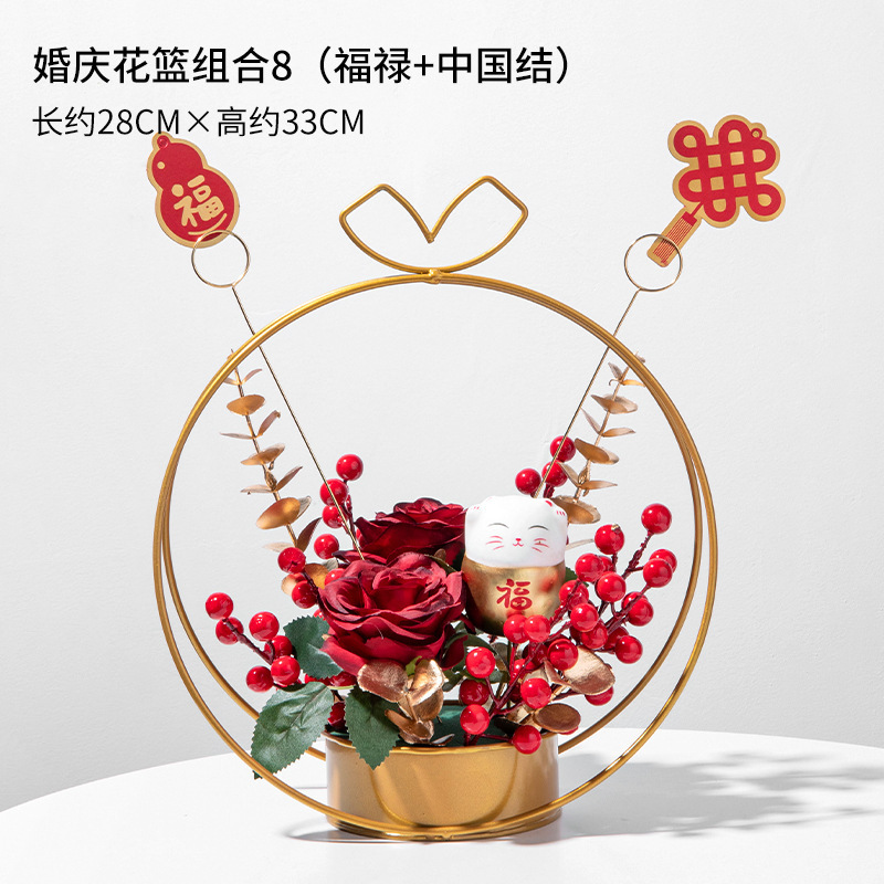 Panier de fleurs de mariage avec motif chat porte-bonheur et noeud chinois