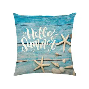 Décor nautique coton lin bleu thème océan étoile de mer grain de bois jeu de plage taie d'oreiller