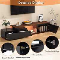 Meuble TV pliable de luxe en bois avec LED, console multimédia moderne noire avec 2 tiroirs pour salon et chambre, compatible avec les téléviseurs de 65 pouces et plus
