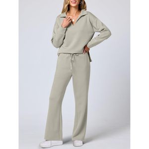 FOXA Women's 2 Piece <b>Lounge</b> Set Long Sleeve Polo Top Wide Leg Pants Casual Knitted Sweat Matching Outfit Autumn Wear - Product Image 2