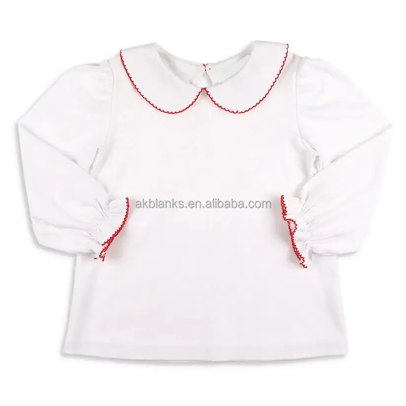 2023 नए डिजाइन बेबी लड़कियों टी शर्ट रफेल लंबे बालों वाली लाल पिकोट ट्रिम टॉप 100% सूती
