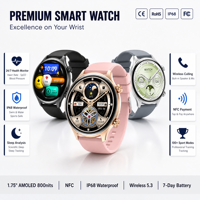 Montre connectée pour homme NFC, écran AMOLED rond de 1,75 pouce, étanche IP68, moniteur de fréquence cardiaque et de pression artérielle, appels sans fil, logo personnalisé