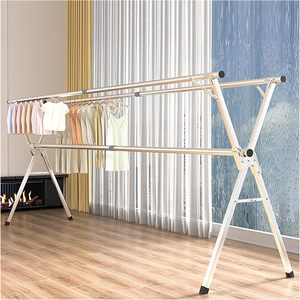 Floor-standing Stainless Steel X-shaped Double Tier Foldable Retractable Hanger Garment <b>Rack</b> Rust Resistant Balcony Outdoor - Product Image 1