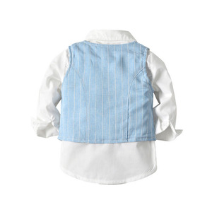 Conjunto de Ropa para Niños, Primavera y Otoño, Traje de Tres Piezas para Niños, Estilo Caballero, Azul a Rayas + Corbata de Moño, Conjuntos de Ropa para Bebés - Product Image 2