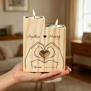 Custom Square Wooden Candle <b>Holder</b> Set Name Date Matching <b>Tealight</b> Stands Couples Engraved Romantic - Product Image 1