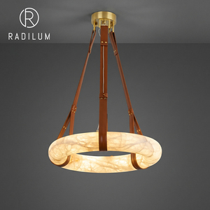 Lámpara Colgante de Alabastro con Correa de Cuero y Detalles en Latón, Estilo Moderno y Lujoso, Redonda, para Vestíbulo - Product Image 1