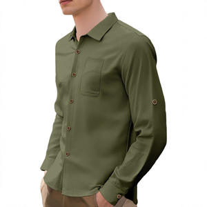Camisa de manga larga de color sólido para hombre, informal, transpirable, de lino, con botones, color verde oliva, ideal para uso informal. - Product Image 1