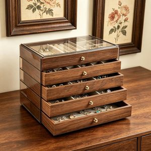 Boîte de rangement à bijoux grande capacité avec couvercle transparent anti-poussière, tiroirs imitation bois et compartiments pour bagues et colliers - Product Image 1
