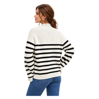Sweater Rajut Wanita Grosir Model Ribbed Knit, Kerah Mock Neck Custom, Kancing Asimetris, Motif Garis Hitam Putih, Longgar