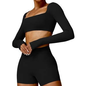 Top sportivo in tessuto spazzolato di qualità con imbottiture per il petto Fitness Yoga Tshirt a manica lunga abbigliamento da allenamento abbigliamento femminile Top da palestra - Product Image 6