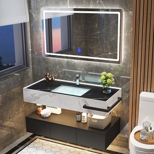 Vasque de salle de bain en pierre de roche avec combinaison de lavabo, style luxueux moderne, double vasque de 60 pouces et miroir avec rangement - Product Image 2