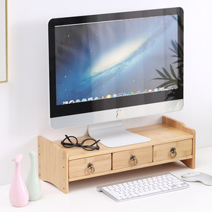 Bamboo Computer Monitor <b>Riser</b> Stand With Storage Drawers Desktop Organizer For Office <b>Desk</b> Heightening Base Rectangle Shape - Product Image 4