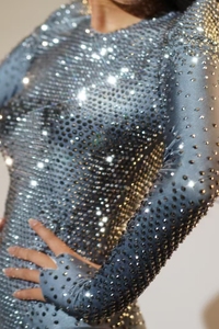 Guanti da donna con pietre d'argento brillanti body pantaloni di strass in rete trasparente compleanno per festeggiare l'estate del vestito cantante - Product Image 2