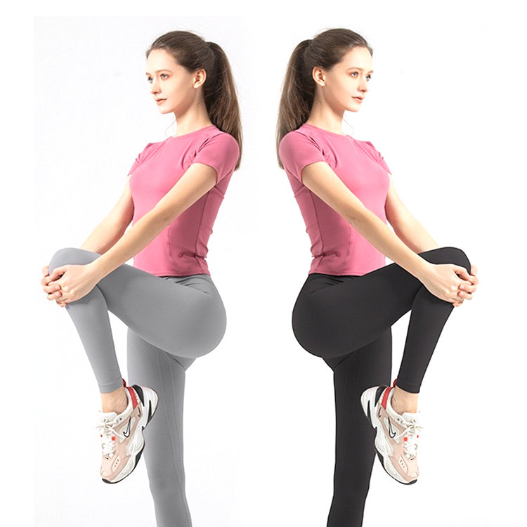 Hot Pink Short Sleeve Shrink Waist T-Shirts Crop Tops for Woman , Crew Neck Yoga Fitness Wear Tight Slim Fitted Tee Shirt