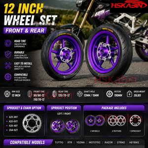 Nuevo Juego de Ruedas para Motocicleta Supermoto HSKabin de 12 Pulgadas, Color Morado, Delantera 90/90-12 110/70-12, Trasera 120/70-12, Sin Cámara - Product Image 3