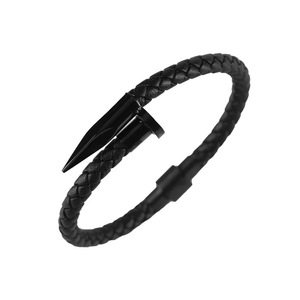 Bracelet en cuir tressé pour homme |   Bracelet en cuir véritable avec extrémité en acier inoxydable doré, noir ou argenté - Product Image 1