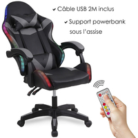 Chaise de jeu LED GAMER Sérigraphie 366 Effets d'éclairage LED Fauteuil télécommandé Chaise de bureau Noir Gris