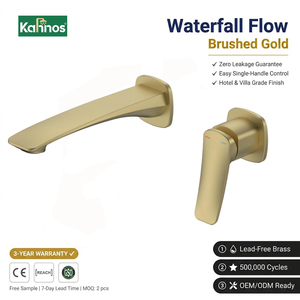 Brushed Gold Wall Mounted <b>Basin</b> Faucet 2 Hole Concealed Mixer <b>Single</b> Handle Curved Spout Brass Bathroom <b>Tap</b> Square Escutcheon - Product Image 1