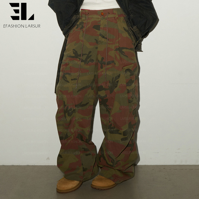 LARSUR Custom Factory Premium Distressed Wash Camo Ripstop Pants Street Wear Skate Cargo Camouflage Curved Lace up Jeans Women