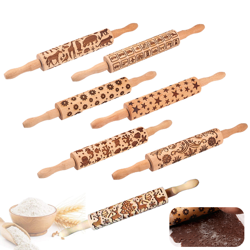 Amazon Hot Baking Tool Emboss Dough Roller Wood Embossing Rolling Pin for Christmas