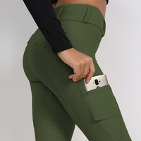 Bereit zum Versand Army Green Phone Pocket Vollsitz Silikon Jodhpurs Hosen Frau Reit strumpfhose Reithose Leggings