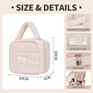 Custom Logo Quilted Makeup <b>Bag</b> with Handle Portable Cosmetic Organizer <b>Bag</b> with <b>Clear</b> Pocket for <b>Travel</b> - Product Image 2