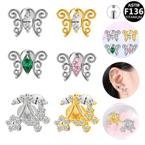 Clous d'oreilles papillon plaqués titane avec incrustation de zircon, alliage de titane F136 pour piercing d'oreille et de lèvre, bijoux de mode unisexe - Product Image 1