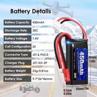 7.4V LiPo 2S 30C 450mAh có thể sạc lại Lipo với JST & ph2.0 cắm scx24 với 1to2 USB sạc phù hợp cho hầu hết các 1/10, 1/16,RC bay không người lái