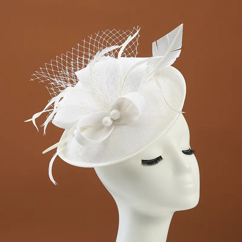قبعات كتان سيناماي كامبريك للنساء مصنوعة يدويًا ، قبعات حفلات زفاف وكنيسة ، قبعة مشبك زفاف للسيدات