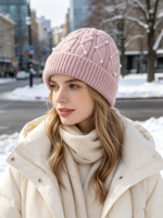 Bonnet ajustable en jacquard rose personnalisable avec revers, style Y2K, chaud et tricoté, avec bouton de luxe pour femme