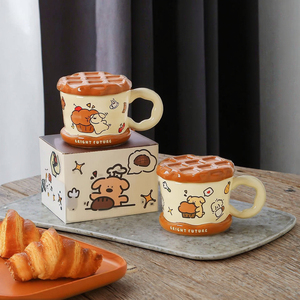 Caneca de Cerâmica para Uso Doméstico com Tampa e Alça, Design de Cachorrinho Waffle Fofo, Presente Empresarial, Grande Capacidade, Segura para Lava-Louças e Micro-ondas - Product Image 2