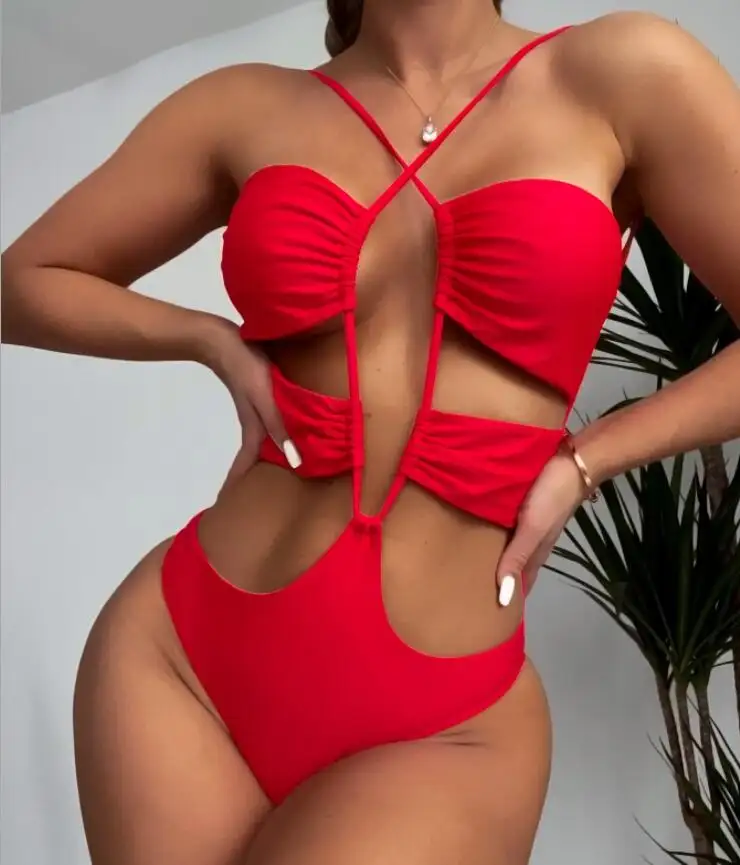 2022 NEW STOCK Bandeau Top Monokini Swimwear Lace Up Sexy Woman One Piece Cut Out Swimsuit