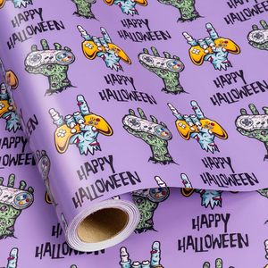 Papel de Regalo de Halloween Morado con Diseño de Controles de Videojuegos y Texto Artístico de Feliz Halloween, Rollo de Papel para Envolver Regalos para las Fiestas - Product Image 1