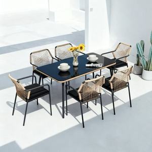 Dwoo hiện đại 6 chỗ ngồi dệt mây Patio ăn uống đặt ngoài trời Vườn không thấm nước 7 mảnh Nhà hàng bàn ghế Bộ - Product Image 1