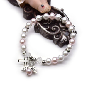 Pulsera de Perlas Blancas con Cruz de Ángel, 8mm, Joyería Religiosa Rosa y Blanca, Regalo, Accesorio para Bautizo - Product Image 3