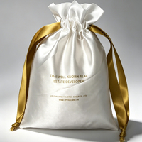 Sac à cordon en satin blanc or avec logo personnalisé, pochette en soie de luxe pour le rangement de bijoux et cadeaux