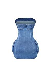 Vestidos de mezclilla elásticos con botones y escote sexy para primavera/verano, a la moda - Product Image 3