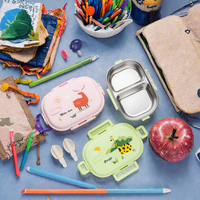 Boîte à lunch en acier inoxydable pour enfants, motif dessin animé, avec couvercle en plastique, compatible micro-ondes, 2 compartiments, sans BPA, design mignon, vente en gros