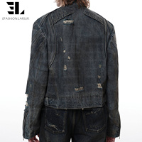 LARSUR Blouson Bomber en Denim Coupe Boxy Effet Usé et Délavé, Style Motard de Course, avec Rembourrage, pour Homme