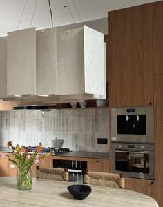 Walnut Modern Kitchen: Textured Pendant Light, Built-in Kitchen Appliances, Maximizing Both Elegance and Practicality - Product Image 3
