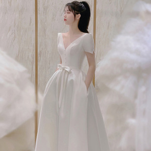 White Satin V-Neck A-Line Wedding Dress With Drawstring Pocket Natural Waistline Off-White And Wine Red X030 - Product Image 1