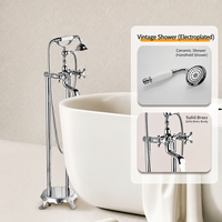 Robinet de baignoire sur pied de style européen, avec douchette à main, en laiton massif, double poignée croisée, finition chrome poli, céramique