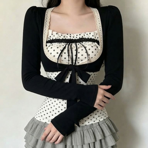 Sweet girly bow polka dot <b>white</b> strapless lace spliced tie front <b>cropped</b> <b>long</b> <b>sleeve</b> cardigan <b>top</b> set - Product Image 2